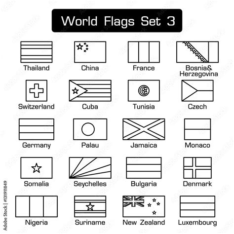 World flags set 3 . simple style and flat design . thick outline . black and white . Stock ...