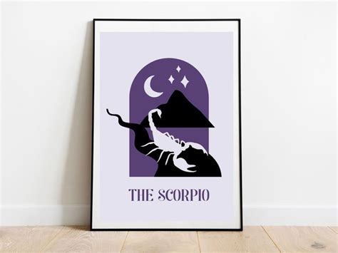 the scorpion movie poster in purple and black on a white wall next to a ...