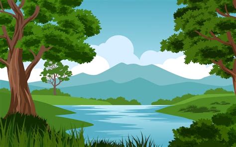 Premium Vector | Beautiful scenery at mountain with river and tree