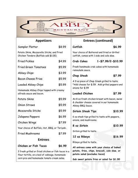 The Abbey Restaurant menu in London, Kentucky, USA