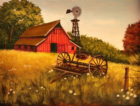 "Barn, Windmill, and Rake" by Carol Severn | Painting, Rural landscape, Art