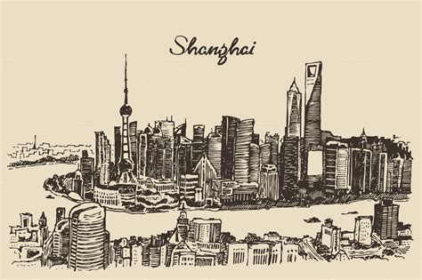 Shanghai City skyline (China) ~ Illustrations on Creative Market