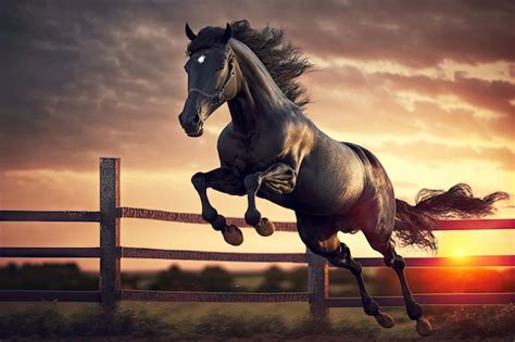 Premium AI Image | Portrait of black horse jumping over fence against backdrop of sunset created ...