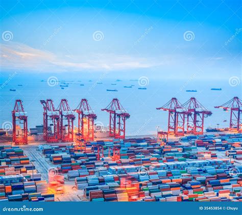 Shanghai Container Terminal at Dusk Stock Photo - Image of chinese, delivery: 35453854