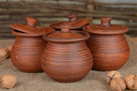 BUY Set of handmade ceramic pots with lids for baking 4 items for 400 ml 1508722503 - HANDMADE ...