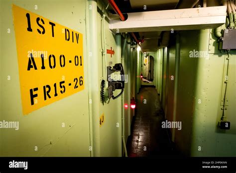 View of a typical aisle at the crew quarters of the USS Intrepid aircraft carrier, Intrepid Sea ...