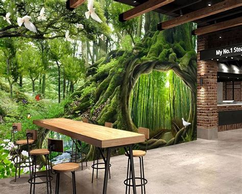 Beibehang Wallpaper mural green tree forest waterfall landscape TV background wall murals living ...
