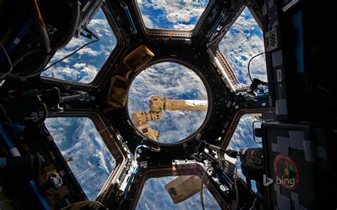 View through the Cupola of the International Space Station - Its first component launched into ...