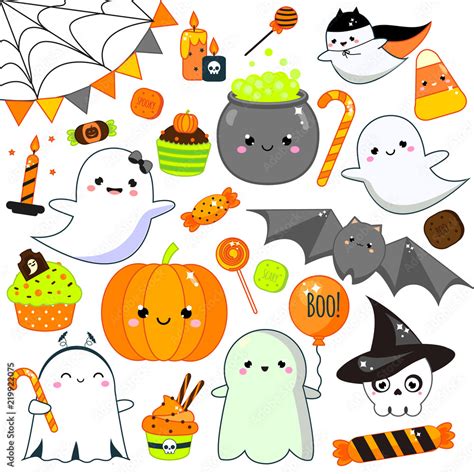 Halloween stickers, patches, badges. Cute pumpkin, ghosts, bat and ...