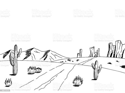 Prairie Road Graphic American Desert Black White Landscape Sketch ...