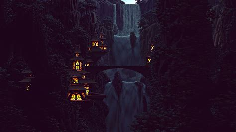 Wallpaper : trees, lights, forest, mountains, waterfall, digital art, night, pixel art, rock ...