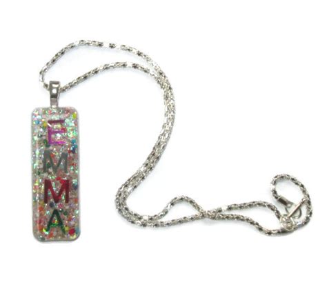 emma rectangle silver rainbow glitter resin name choker necklace pendant jewelry - Necklaces ...