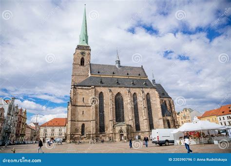 St. Bartholomew`s Cathedral on the Main Republic Square of Plzen ...