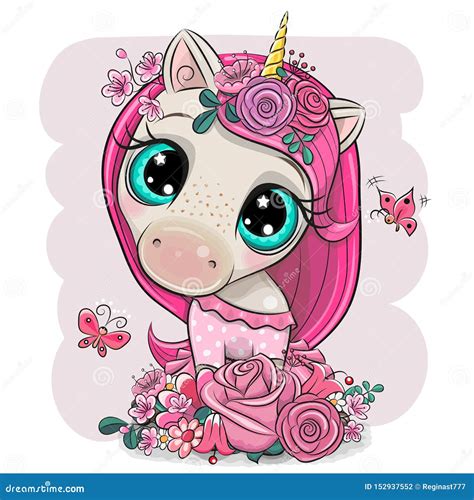 Cartoon Unicorn Girl With Flowers On A Pink Background Vector Illustration | CartoonDealer.com ...