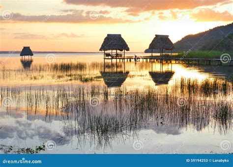 Sunset On Peten Itza Lake El Remate Guatemala Stock Photo ...