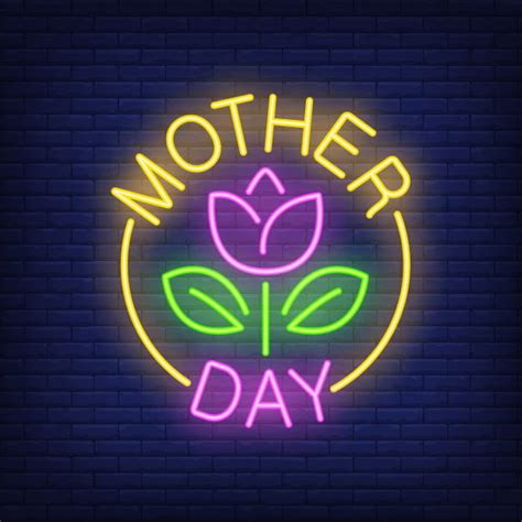 Mother day neon sign. Flower with leaves in bright yellow round. eps vector | UIDownload