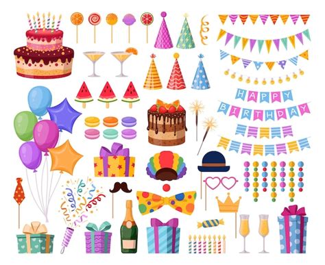 Premium Vector | Cartoon Birthday party decorations festive HB elements vector illustrations set