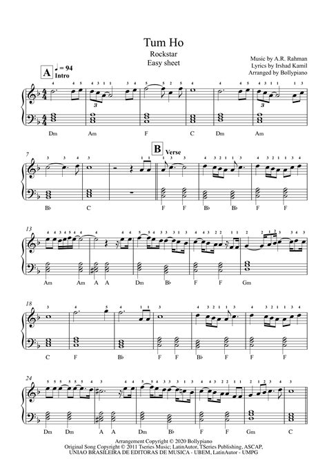 Tum Ho Easy Solo Sheet PDF | Rockstar | >99% Accurate Piano Notes