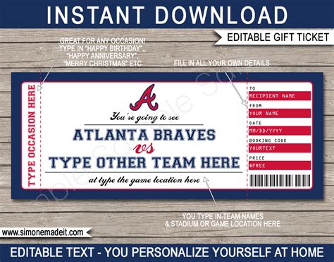 Atlanta Braves Game Ticket Gift Voucher | Printable Surprise Baseball ...