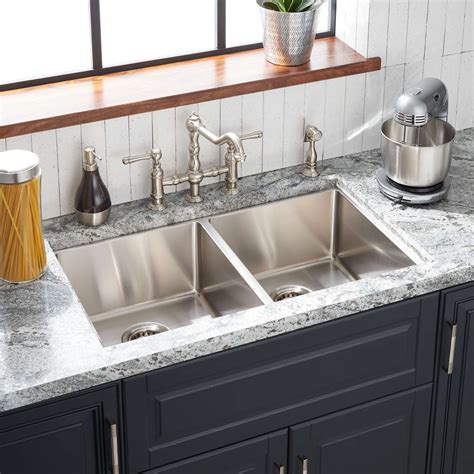 33" Ortega Double-Bowl Stainless Steel Undermount Sink - 4-Hole - Kitchen Sinks - Kitchen