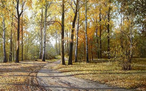 Autumn Path, forest, autumn, painting, path, birches, trees, road, HD ...