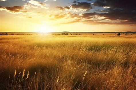 Premium AI Image | Sunset over the meadow with yellow grass and clouds in the sky