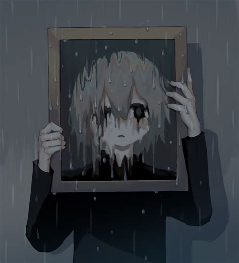 a person holding up a painting in front of their face with rain falling ...