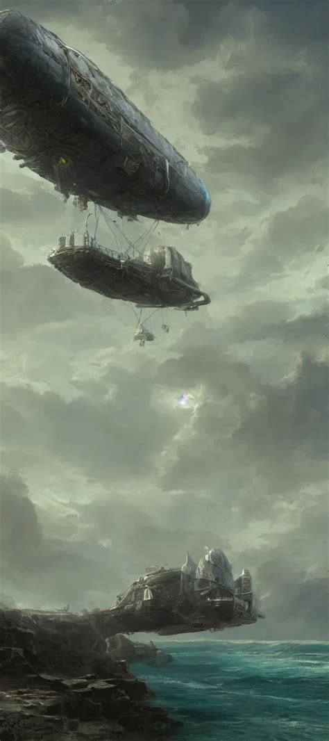 A giant steampunk airship flying across a deserted | Stable Diffusion