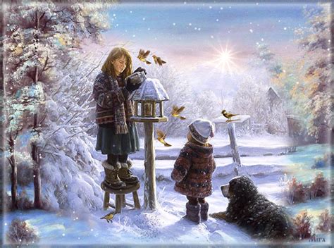 a painting of two children and a dog looking at a bird feeder in the snow