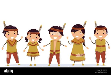 Illustration of Native American Stickman Kids Waving Stock Photo - Alamy