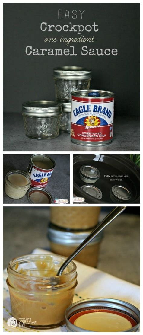 the ingredients for homemade caramel sauce are shown in this collage, including jars and spoons