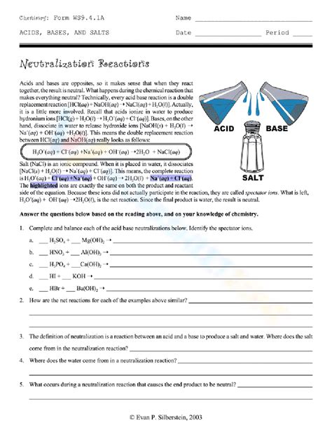 Neutralization Reactions Practice Worksheet