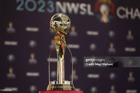 The NWSL Championship trophy is displayed during press conferences at ...