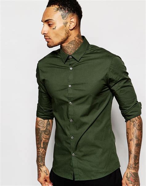 Asos Brand Skinny Shirt In Dark Green With Long Sleeves, $33 | Asos | Lookastic