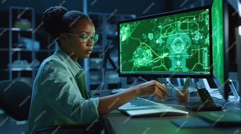 Premium AI Image | A woman sits at a desk in front of a computer screen that says'cyber security