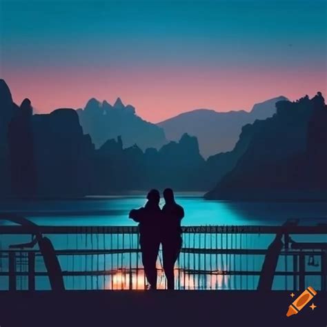Silhouette of a couple holding hands on a bridge looking at a river on Craiyon