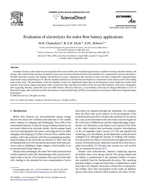 (PDF) Evaluation of electrolytes for redox flow battery applications ...