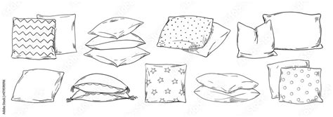 Cushion drawing. Doodle home bedroom pillows. Cozy hand drawn feather orthopedic bedding lay in ...