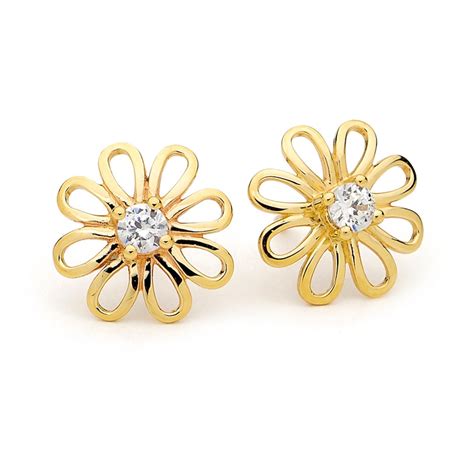 55345/CZ Gold Stud Flower Earrings with Zirconia