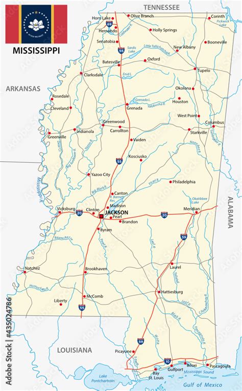 mississippi road map with new flag Stock Vector | Adobe Stock