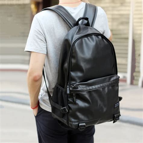 2016 Men Leather Backpacks Black School Bags for Teenagers College Bookbag Laptop Backpacks ...