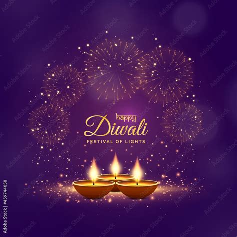 Happy diwali greetings festive background in violet color with fireworks and lamp Stock Vector ...