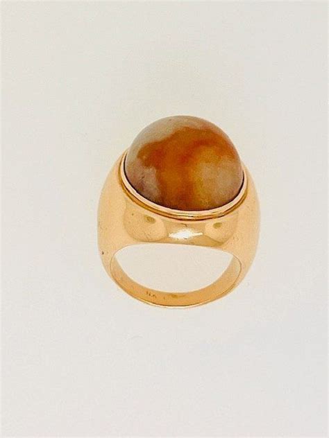 14K Yellow Gold White/Tan/Orange Jade Ring. - Gem