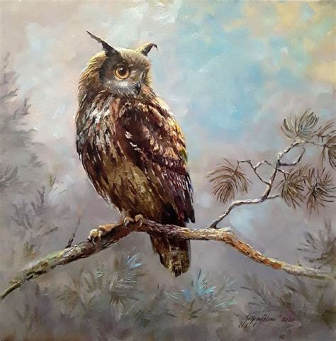 Great Owl on a Tree Branch at Dawn. Owl Oil Painting on Canvas, Made to Order. - Etsy | Owl ...