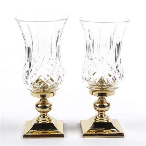 Waterford Crystal "Lismore" Hurricane Candlesticks with Brass Bases | EBTH