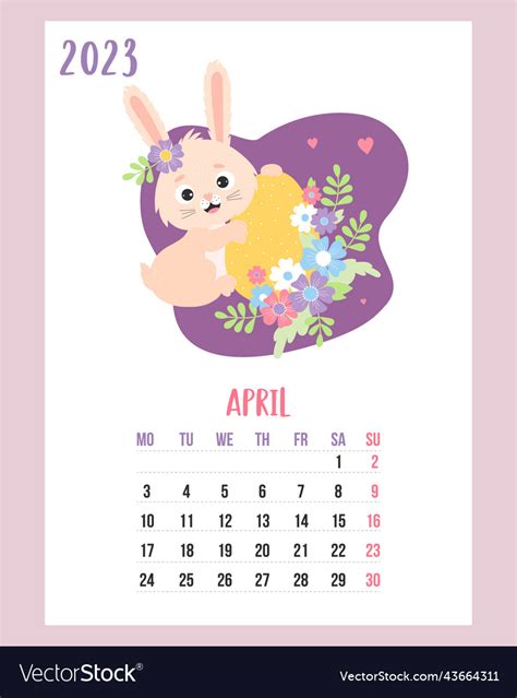 April 2023 calendar easter bunny with easter egg Vector Image