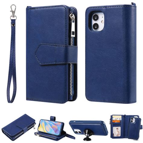 iPhone 12 Zipper Wallet Magnetic Detachable 2 in 1 Case Blue