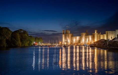 Wallpaper sea, night, castle, England, yachts, fortress, England, Wales, Wales, Carnarvon ...