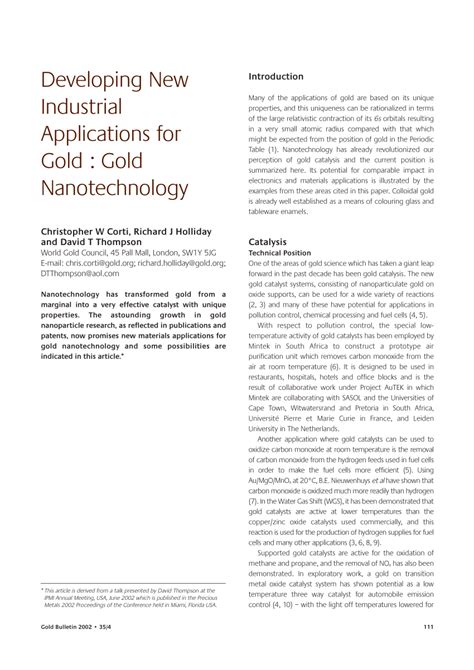 (PDF) Developing New Industrial Applications for Gold: Gold Nanotechnology