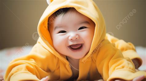 An Asian Baby Dressed In A Yellow Hoodie Laying Down Background, Funny Baby, Hd Photography ...